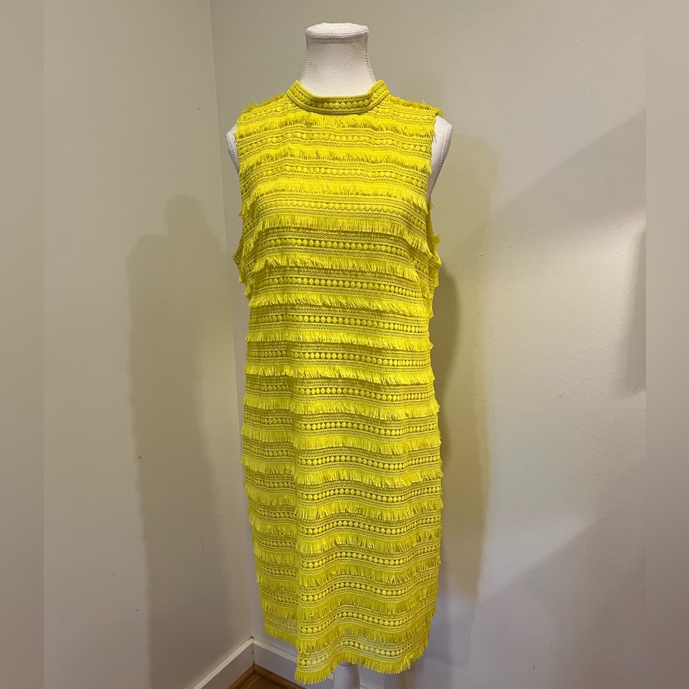 J.Crew Neon Yellow Fringe Sheath Dress Size 12 Textured Citrus Lined